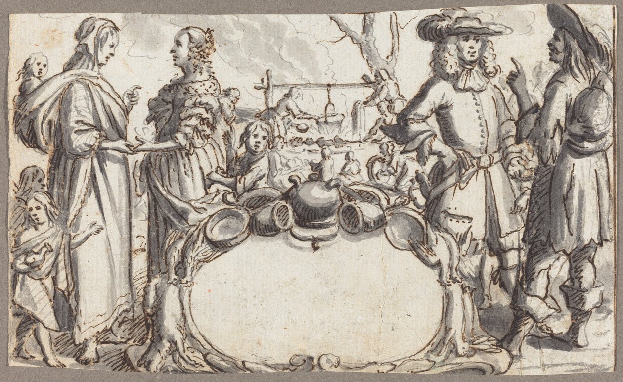 Allegory of Poverty and Wealth (pen og brunt blæk med grå lavering på lagenpapir) af Conrad Meyer