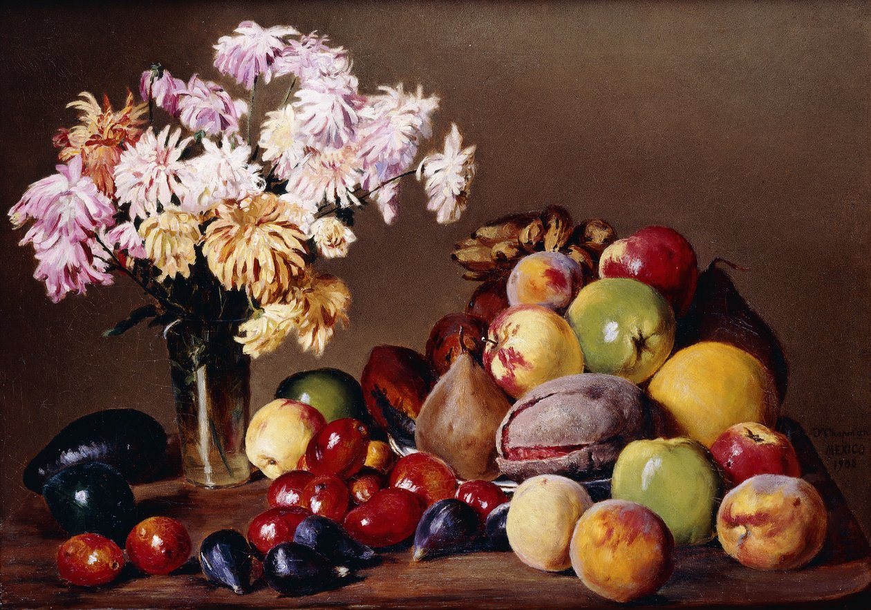 Stilleben med frugt og blomster, 1908 af Conrad Wise Chapman