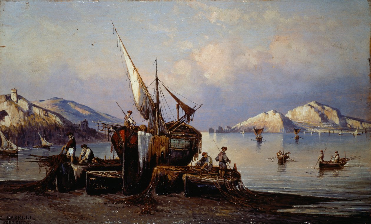 Fiskere i Nerano med Capri-øen i baggrunden (olie på lærred) af Consalvo Carelli
