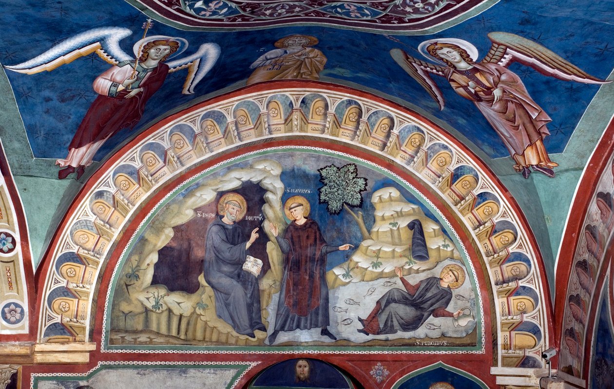 Miraklet ved Saint Placide Saint Benedict of Nursie, takket være Saint Maur, hans første discipels indgriben, redder den unge Placide fanget i strømmen af en sø. Fresko af Master Consolo (1200-tallet) Nedre kirke. Klosteret Saint Benedetto ( af Consolo 