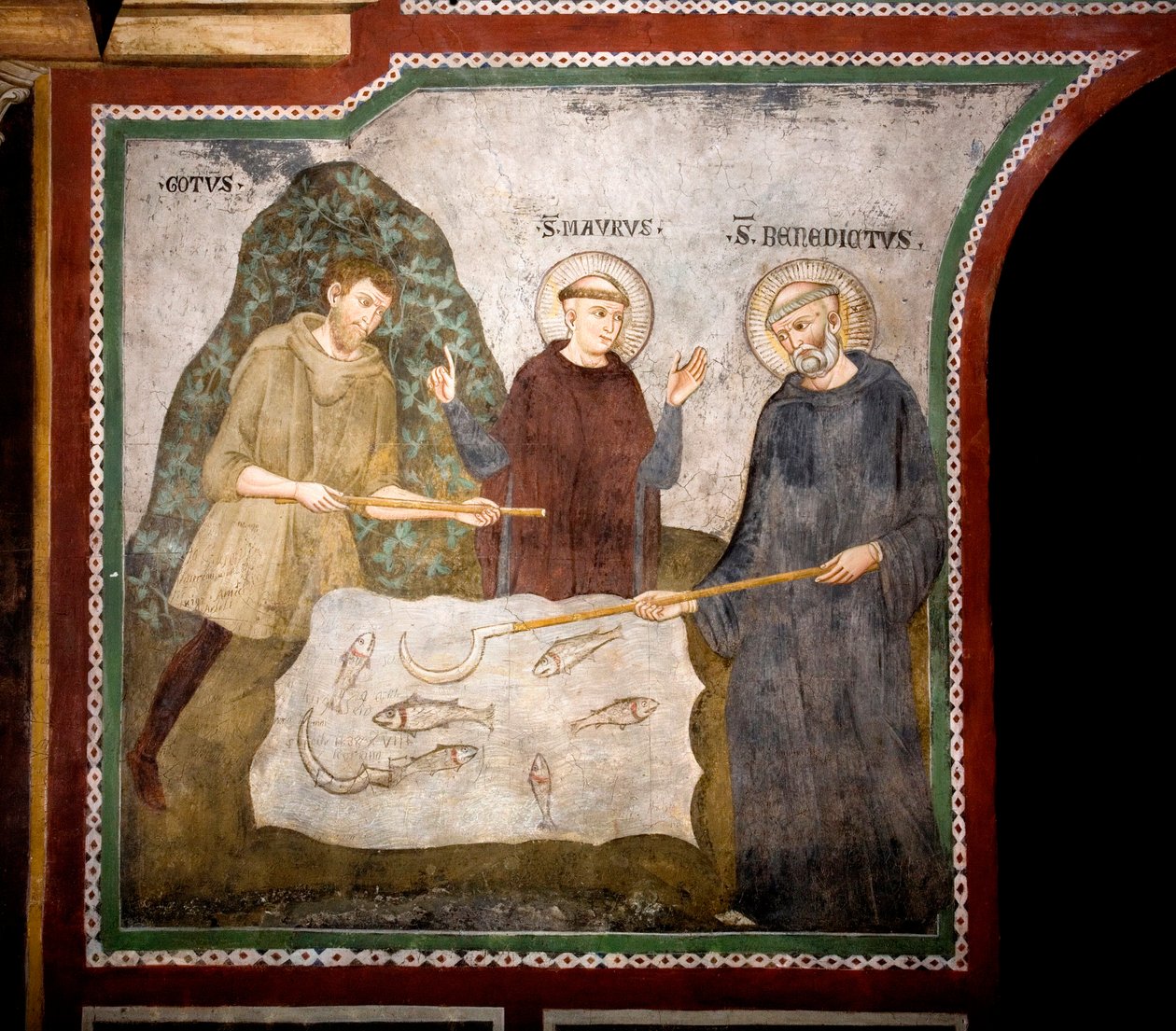 Gotens mirakel St. Benedikt af Nursie, ledsaget af Saint Maur, hans første discipel, mødte en bondegoth og reparerede mirakuløst hans serpe. Fresko af Master Consolo (1200-tallet) Nedre kirke. Klosteret Saint Benedetto (Sacro Speco), Subiaco af Consolo 