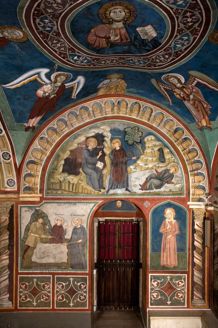 Forskellige episoder af Saint Benoits liv: i centrum "The miracle of Saint Placide"" Saint Benoit of Nursie redder, takket være Saint Maurs første discipels indgriben, den unge Placide fanget i en søstrøm. Nedenfor er miraklet af Consolo