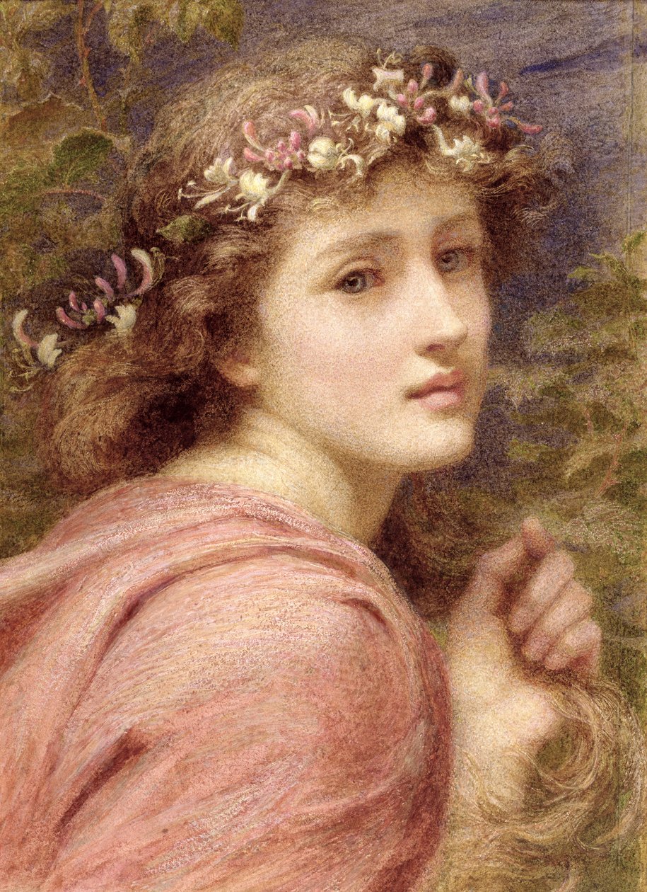 Med blomster, der er nøgne, smukt pyntet; hvis bløde lokker skælver hver eneste af dem ved hvert eneste lille åndedrag, der blæser under himlen, 1894 af Constance Phillott