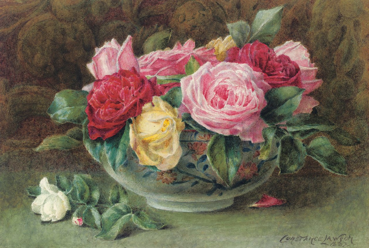 Stilleben med en skål med lyserøde, gule og røde roser, 1883 af Constance Lawson