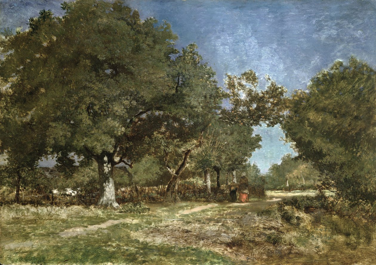 Landskab med en sti, der fører til Etang a la Dame (olie på vugget panel) af Constant Emile Troyon