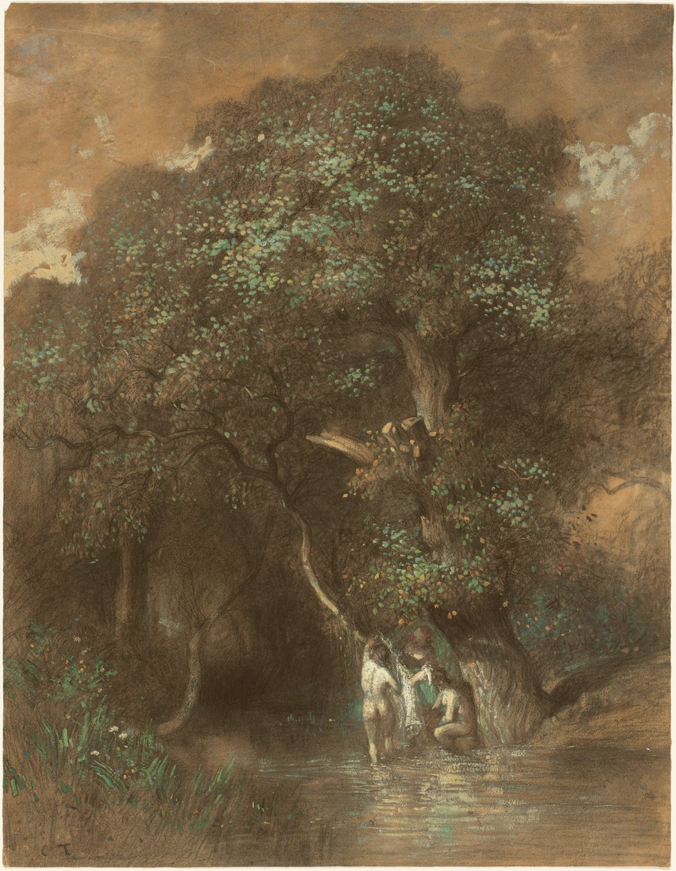 Badegæster ved en kæmpe eg, ca. 1842-1844 (kul på papir) af Constant-Emile Troyon