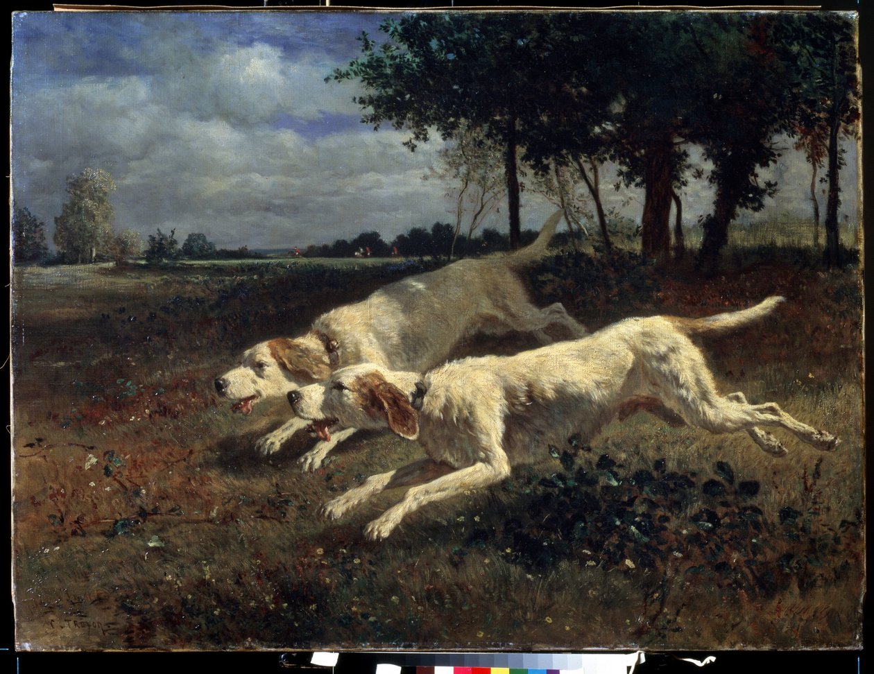 Løbende hunde. Maleri af Constant Troyon (1810-1865). Olie på lærred, 75 x 11 cm af Constant Emile Troyon