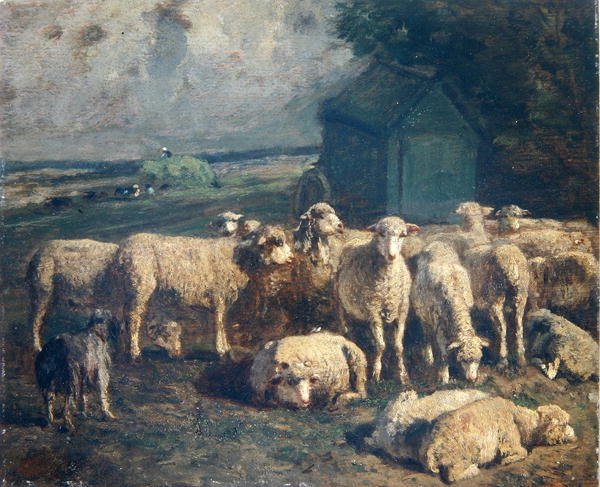Flok får (olie på lærred) af Constant Emile Troyon