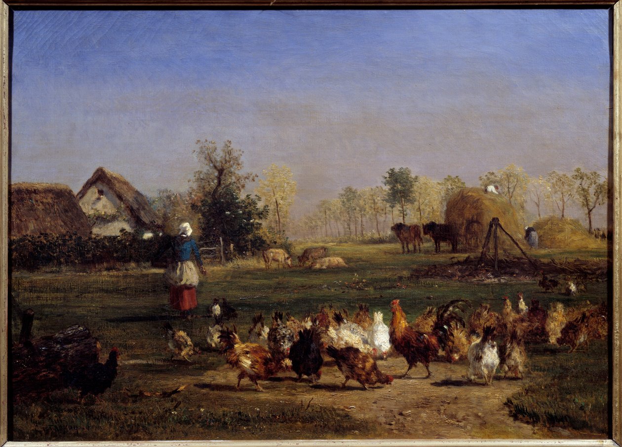 La provende des gens La basse cour (Basse-cour). Maleri af Constant Troyon (1810-1865) 1800-tallet søn. 0,51 x 0,7 m - Forædleren af høns. Gårdsgården. Maleri af Constant Troyon (1810-1865) af Constant Emile Troyon