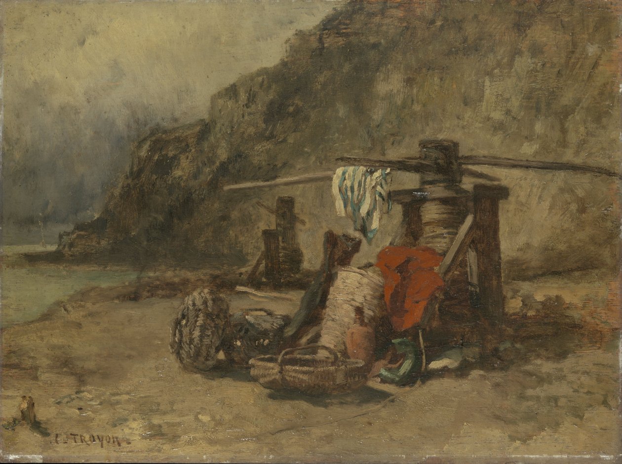 Strandscene med kappestativer af Constant-Emile Troyon