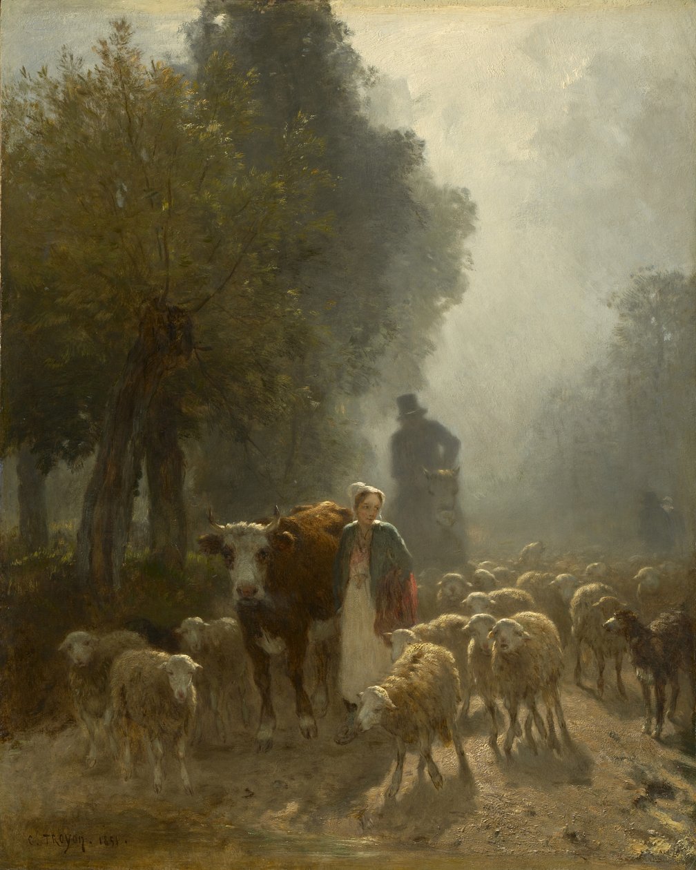 Går på marked på en tåget morgen, 1851 af Constant Emile Troyon