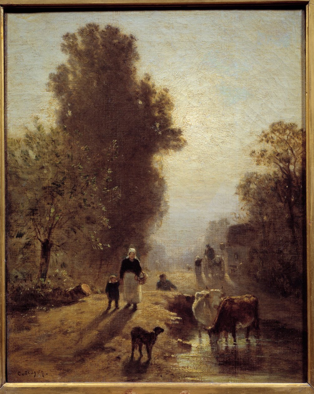 Om morgenen Bondefamilier og betail i morgengryets tåge. Maleri af Constant Troyon (1810-1865) 1800-tallet søn. 0,41x0,32 m af Constant Emile Troyon