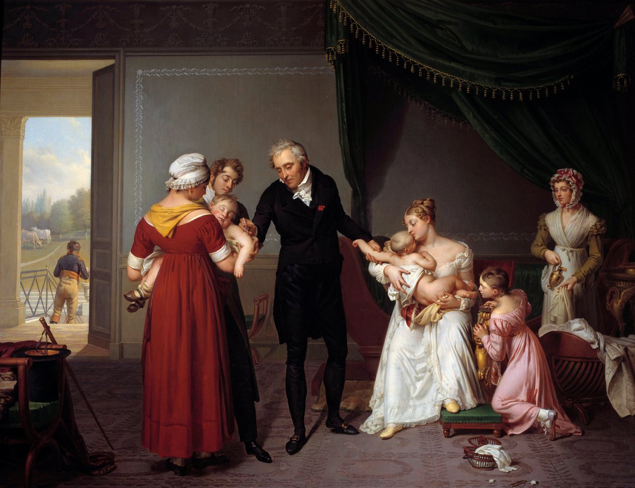 Aliber vaccinerer et barn på Liancourt Castle. Dette billede repræsenterer en vaccination mod kopper, ifølge Edward Jenners princip. Maleri af Constant Desbordes (1761-1827) af Constant Joseph Desbordes
