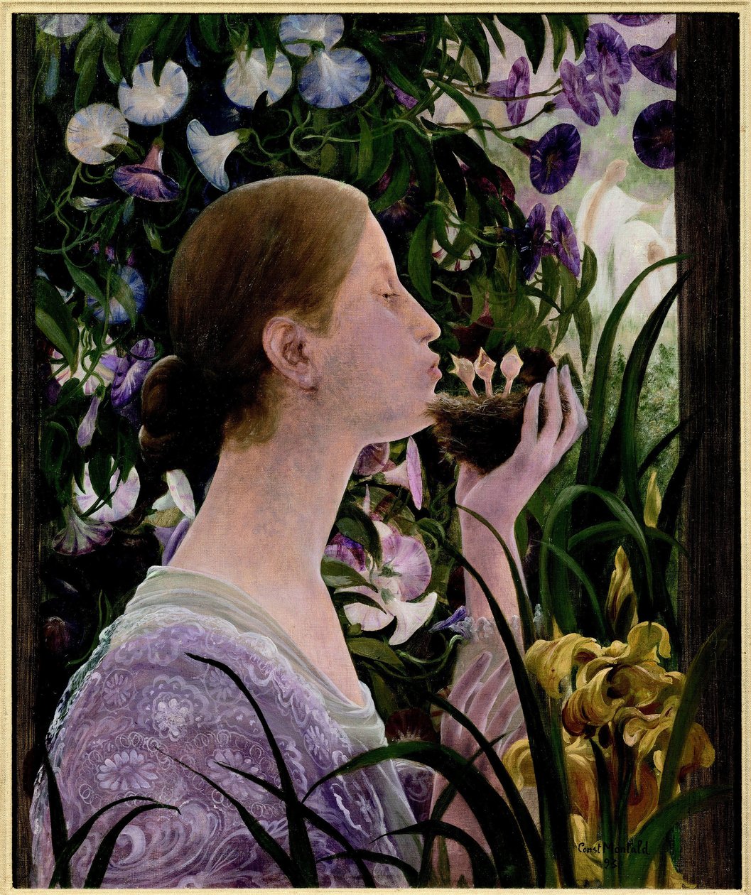 Reden. Ung kvinde i profil, i en blomsterhave, holder en rede i hånden og giver et kys til babyfuglene. Maleri af Constant Montaid (1862-1944), olie på lærred af Constant Montald