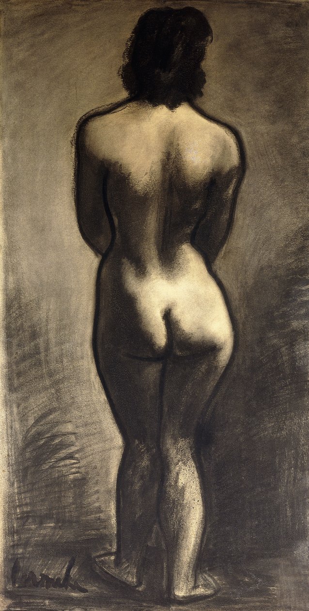 Stående nøgen; Nu Debout - Stand Naakt, ca. 1930 (sort kridt og sort vask på papir) af Constant Permeke