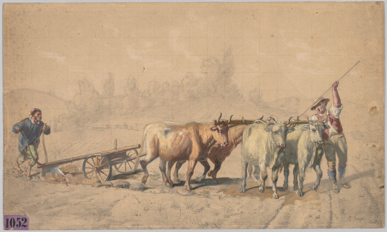 Fire okser trækker en plov, 1853. af Constant Troyon