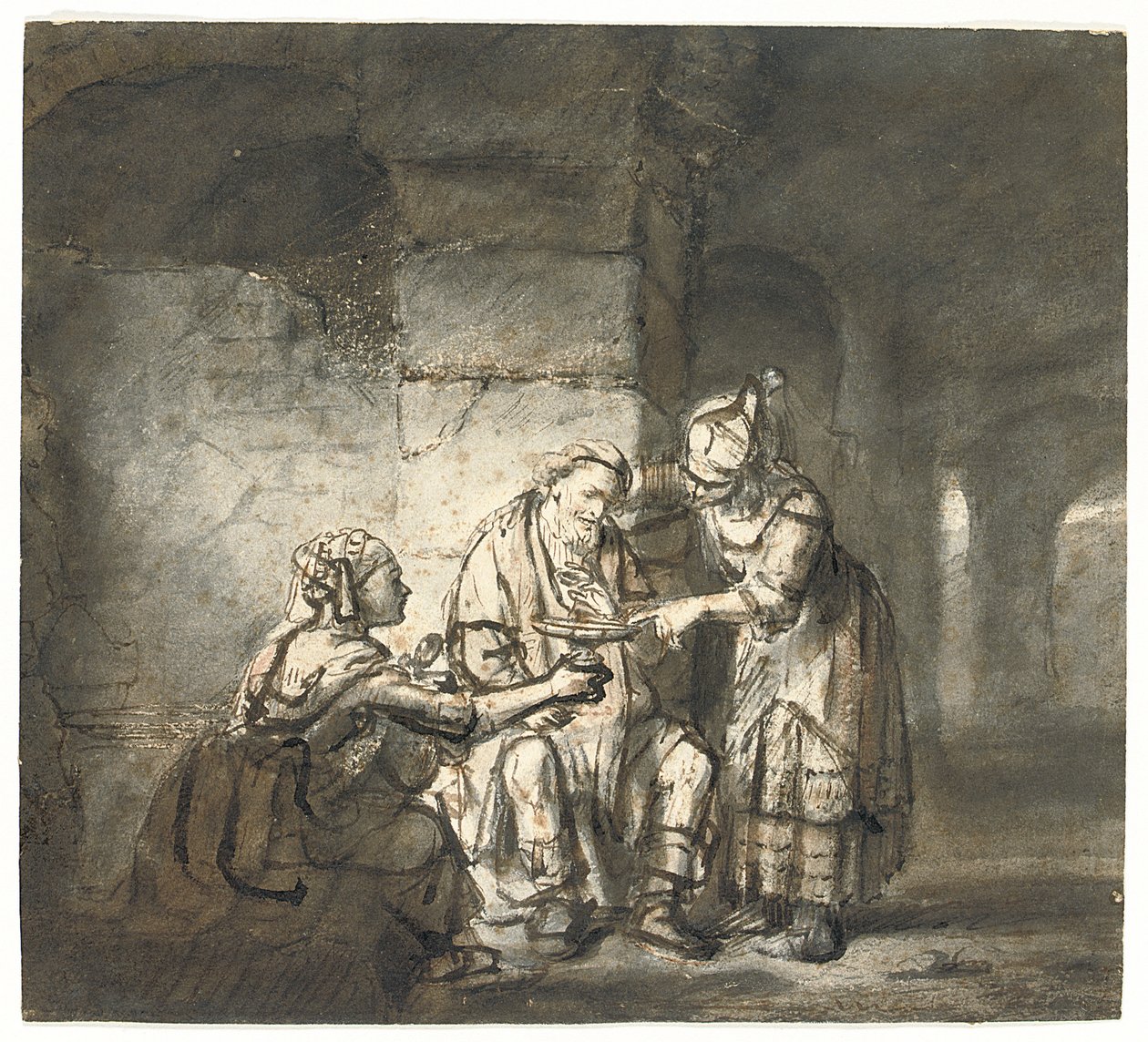 Lot og hans døtre (1. Mosebog 19:33) (sort og rødt kridt, pen og brunt blæk) af Constantin Daniel van Renesse