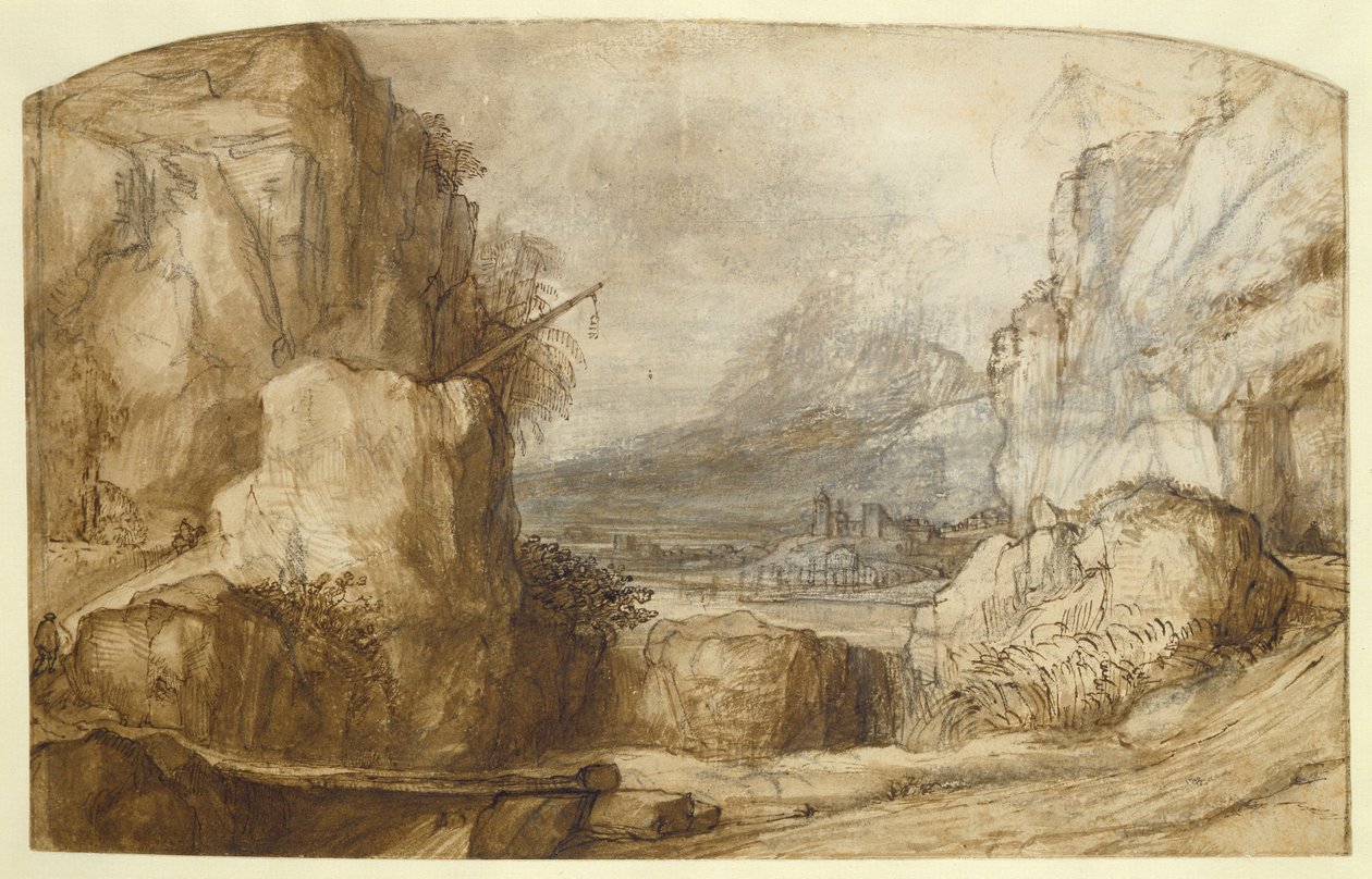 Bjerget landskab (pen, brunt blæk, pensel og kridt på papir) af Constantin Daniel van Renesse