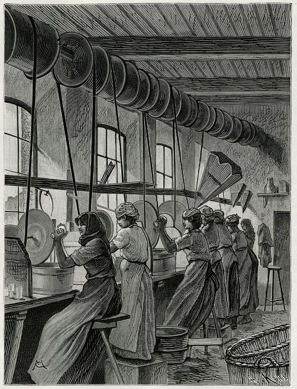 Et kvindeværksted ved glasvarer i Val Saint Lambert. Gravering af C.Meunier til illustration af historien ""La Belgique"", af Camille Lemonnier (1844-1913), forfatter og kunstkritiker. af Constantin Emile Meunier