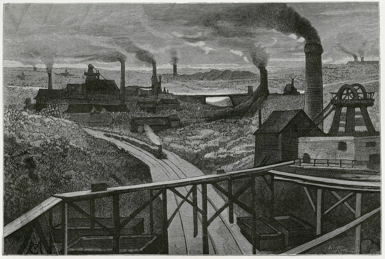 Kulminedrift og terrils (aspekter af contree boraine). Gravering af Constant Meunier, for at illustrere historien "" Belgien" ", af Camille Lemonnier (1844-1913) belgisk forfatter. Udgivet i Le Tour du monde, nouveau journal des voyages, 2. semester 1884,  af Constantin Emile Meunier
