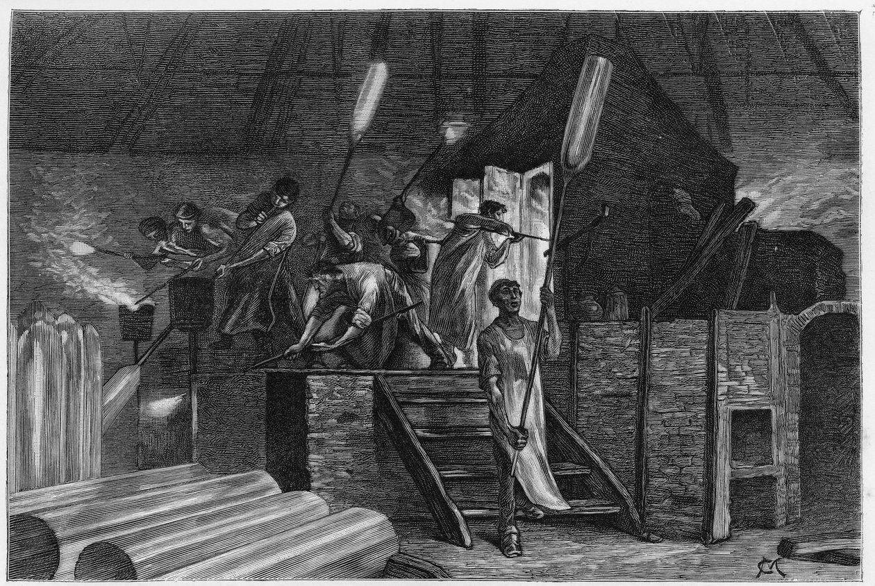 Inde i et glas, i Lodelinsart (eller Lodlinsat, i byen Charleroi). Indgravering af Constant Meunier, for at illustrere historien "" Belgien" ", af Camille Lemonnier (1844-1913) belgisk forfatter. Udgivet i Le Tour du monde, nouveau journal des voyages, 2 af Constantin Emile Meunier