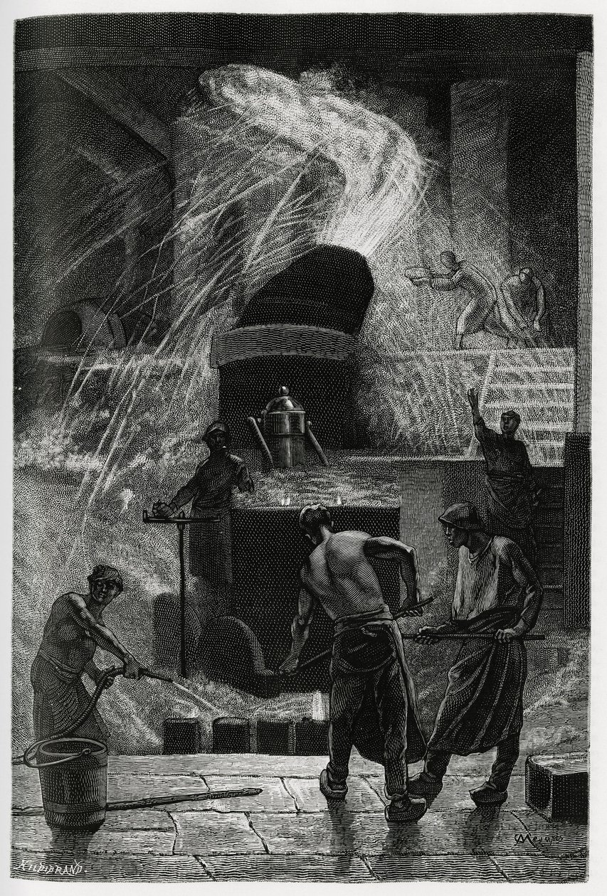 Støbning af stål på cockerill-virksomhederne i Seraing. Gravering af C.Meunier til illustration af historien ""La Belgique"", af Camille Lemonnier (1844-1913), forfatter og kunstkritiker. af Constantin Emile Meunier