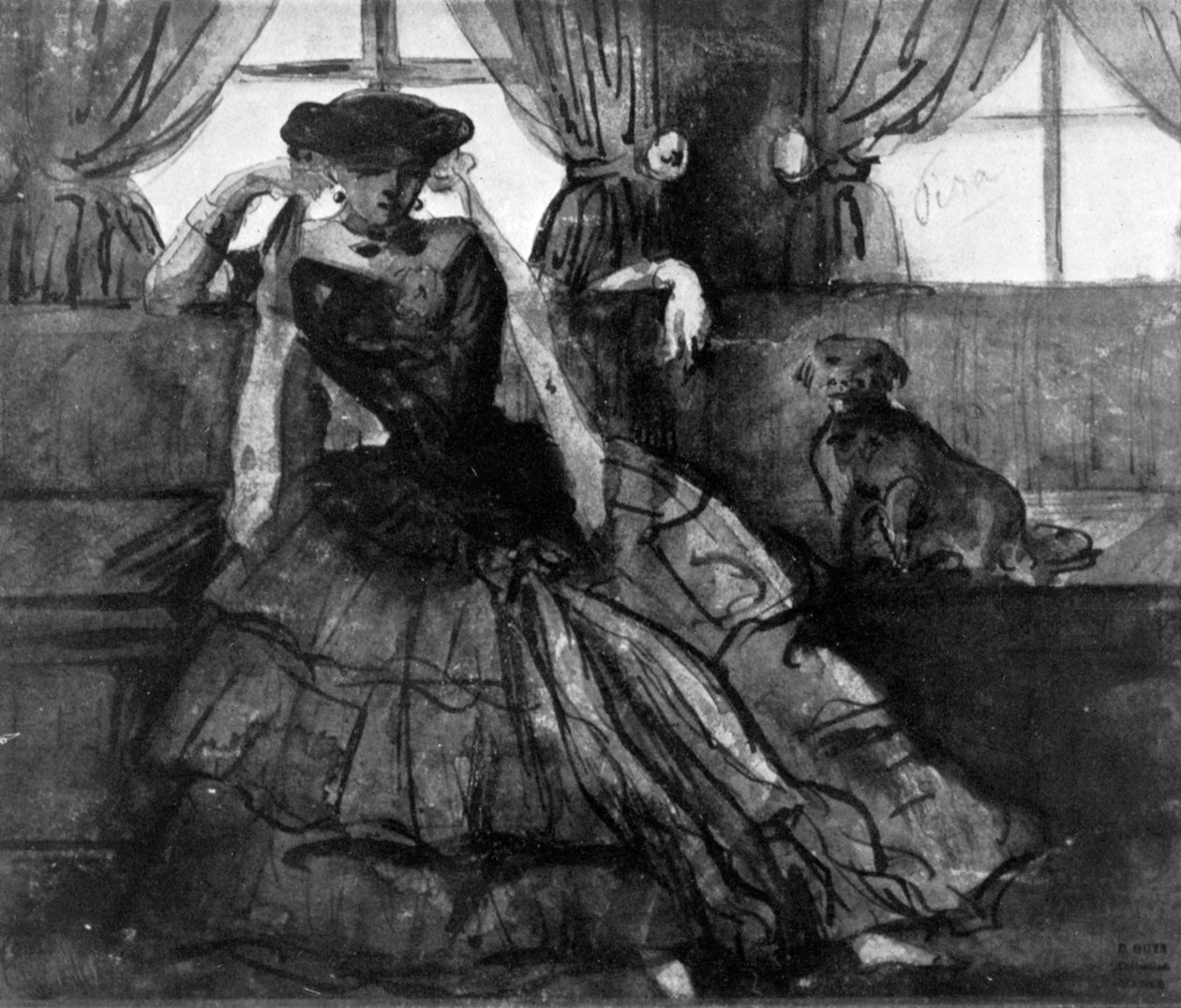 En dame med sin hund, 1800-tallet, 1930. af Constantin Guys