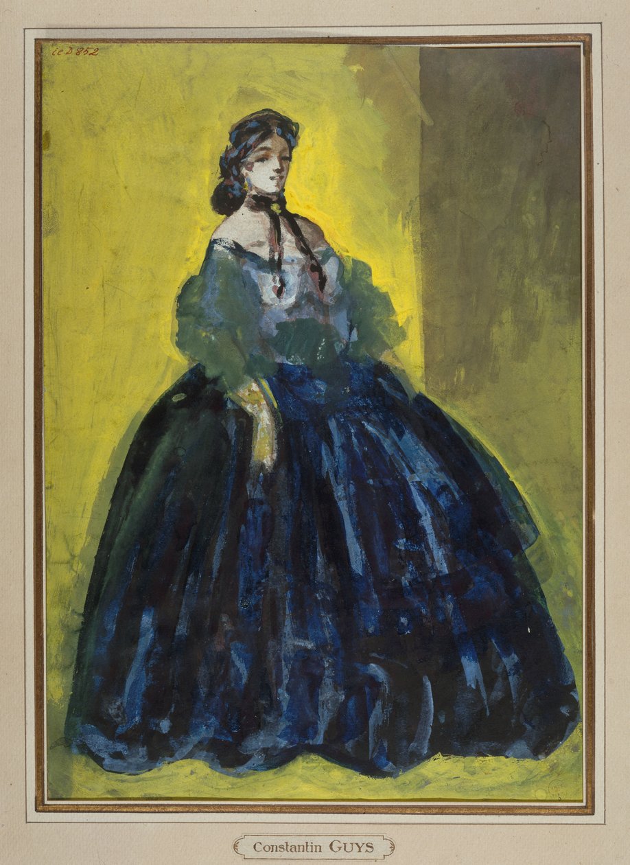 Studie einer Frau im blauen Kleid vor gelbem und grünem Hintergrund, um 1865 af Constantin Guys