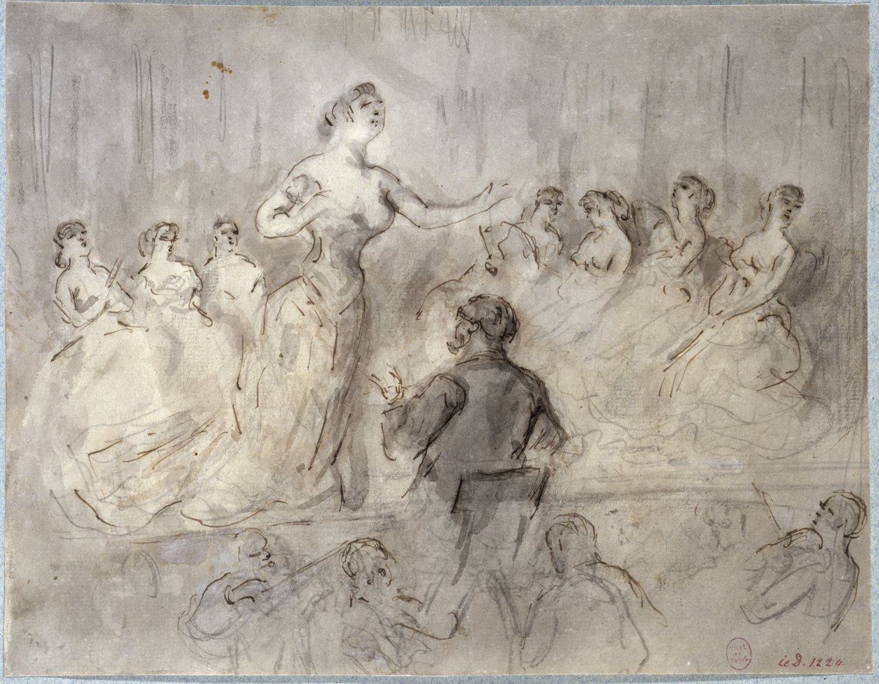 Scene fra en café-concert, orkester og sangerinder, omkring 1875-1880 af Constantin Guys