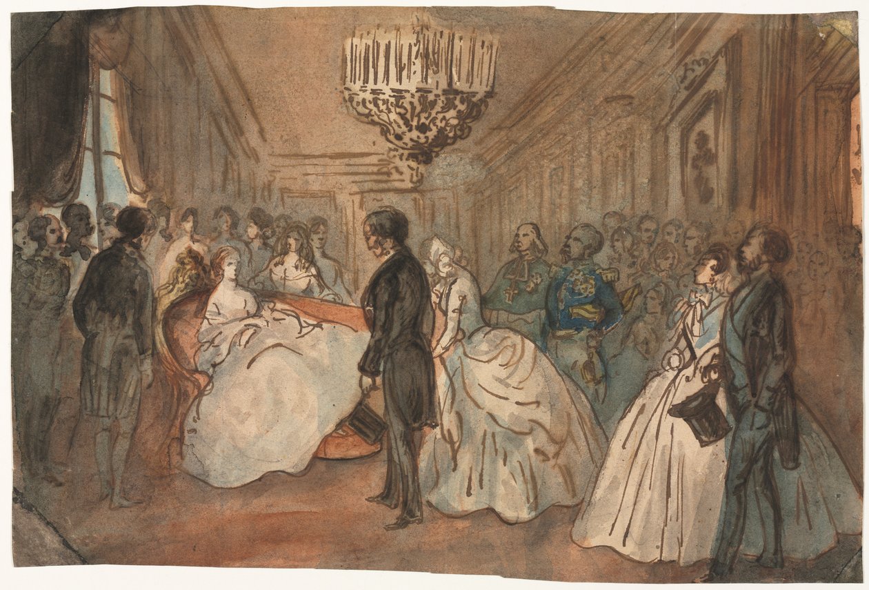 Kejserinde Eugenie modtager det diplomatiske korps efter kejserprinsens fødsel, 1800-tallet. af Constantin Guys