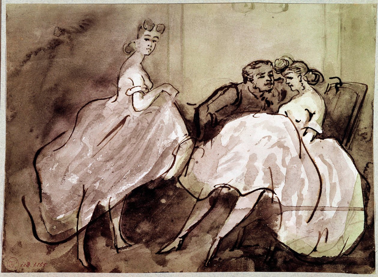 To prostituerede og en forførelse Scene-klient på et bordel. Tegning af Constantin Guys (1805-1892) Paris fra det 19. århundrede, Musee Carnavalet af Constantin Guys
