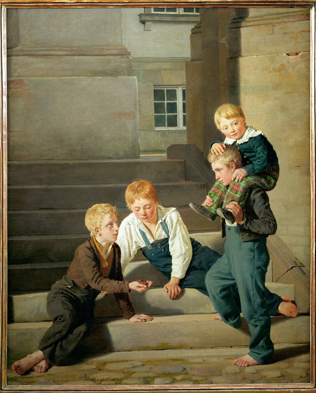Drenge spiller terninger foran Christiansborg Slot i København (maleri på lærred) af Constantin Hansen
