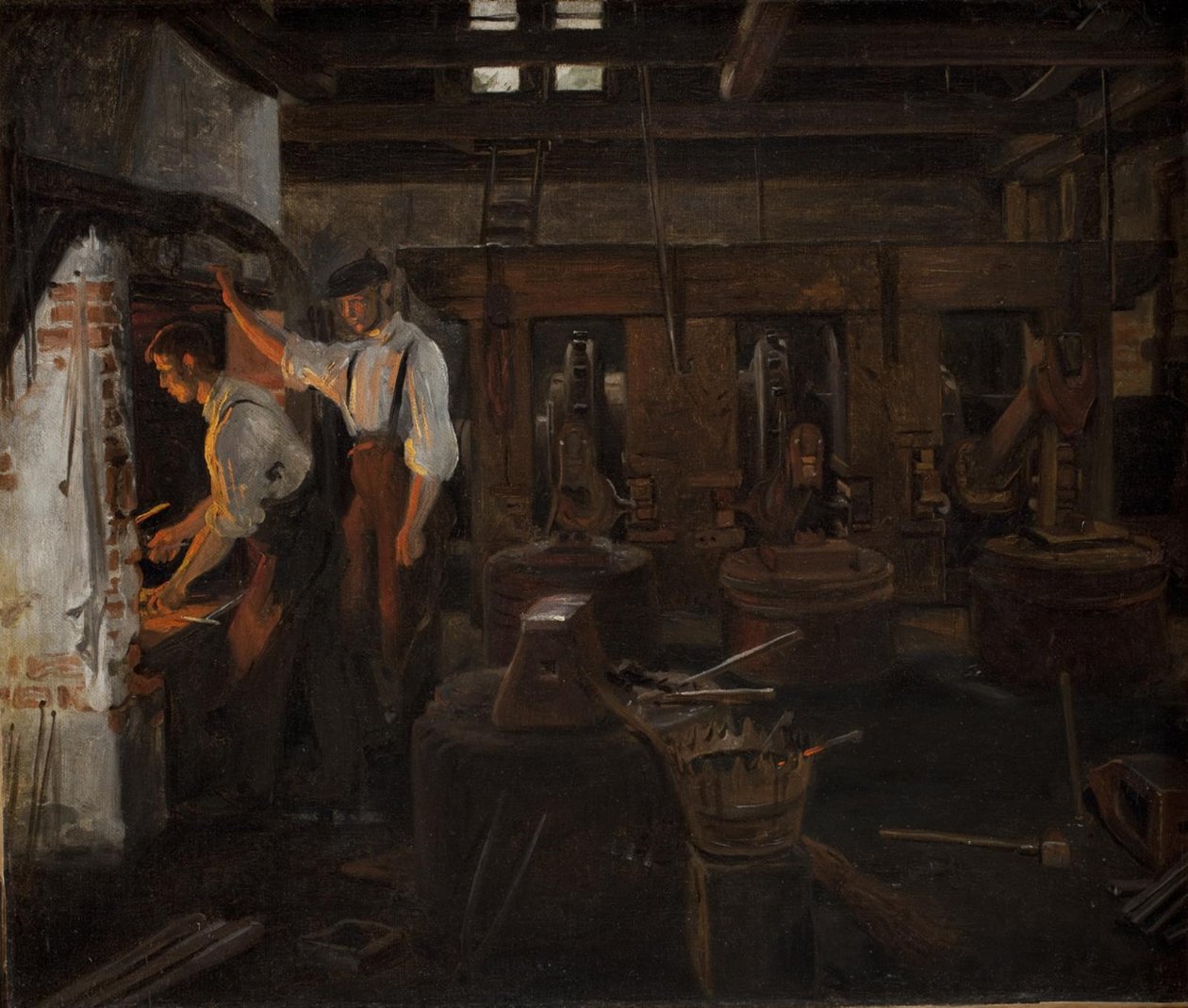 Det indvendige af den gamle hammermølle ved Hellebæk af Constantin Hansen