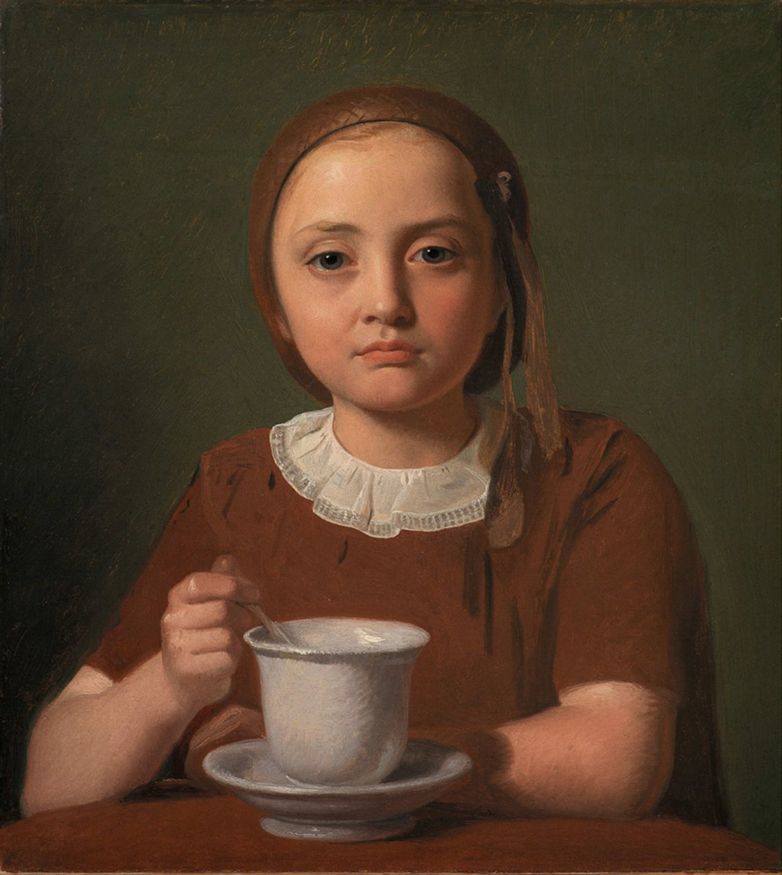 Lille pige, Elise Købke, med en kop foran sig, 1850. af Constantin Hansen