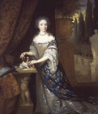 Et portræt af en dame med en skødehund siddende på en sokkel, ca. 1690 af Constantin Netscher