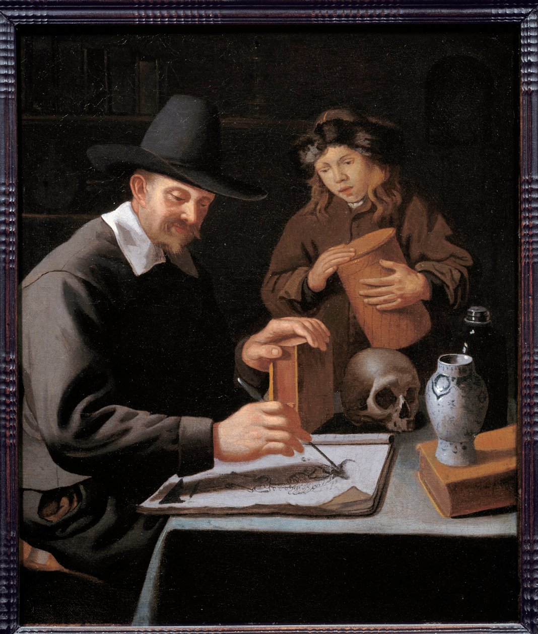 Maleren og hans elev. En lærling observerer sin mester tegne på en notesbog. Maleri (Vanite) af Constantin Verhout (eller Voorhout) af Constantin Verhout or Voorhout