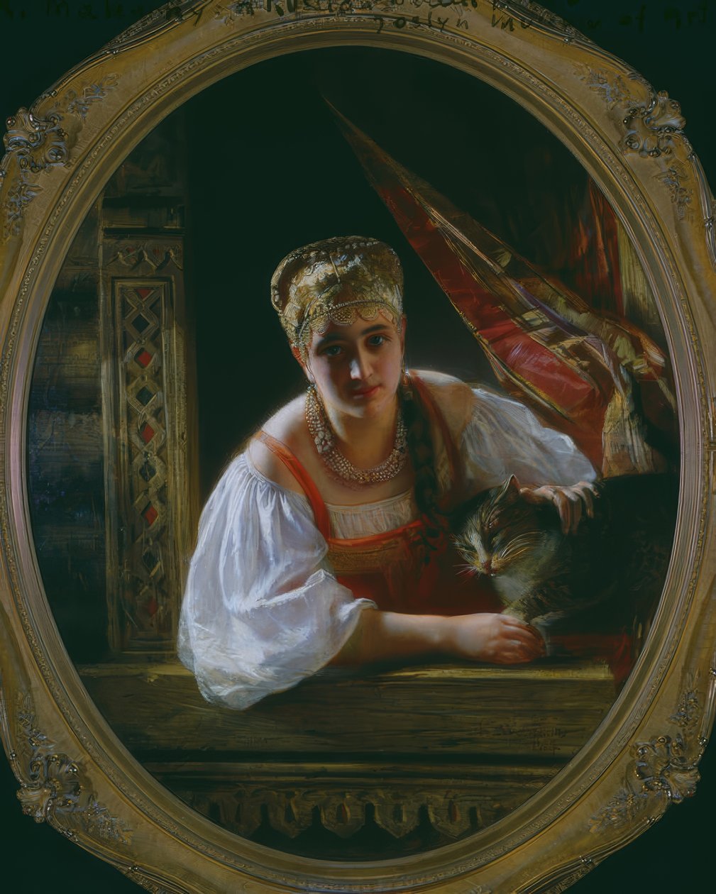 Russisk skønhed med kat af Constantine Egorovitch Makovsky