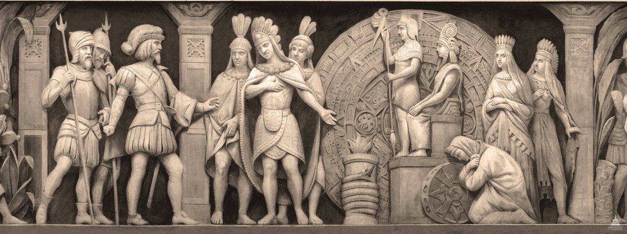 Cortez og Montezuma ved det mexicanske tempel Frisen i rotunden i USA