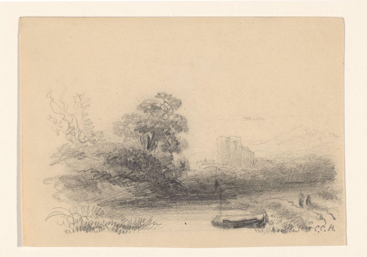 Landskab med vand og robåd af Constantinus Cornelis Huysmans (signed by artist)