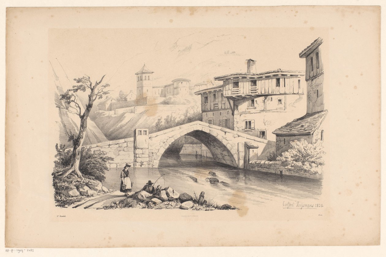 Bro over floden i bjerglandsby The Landscape (serietitel) af Constantinus Cornelis Huysmans