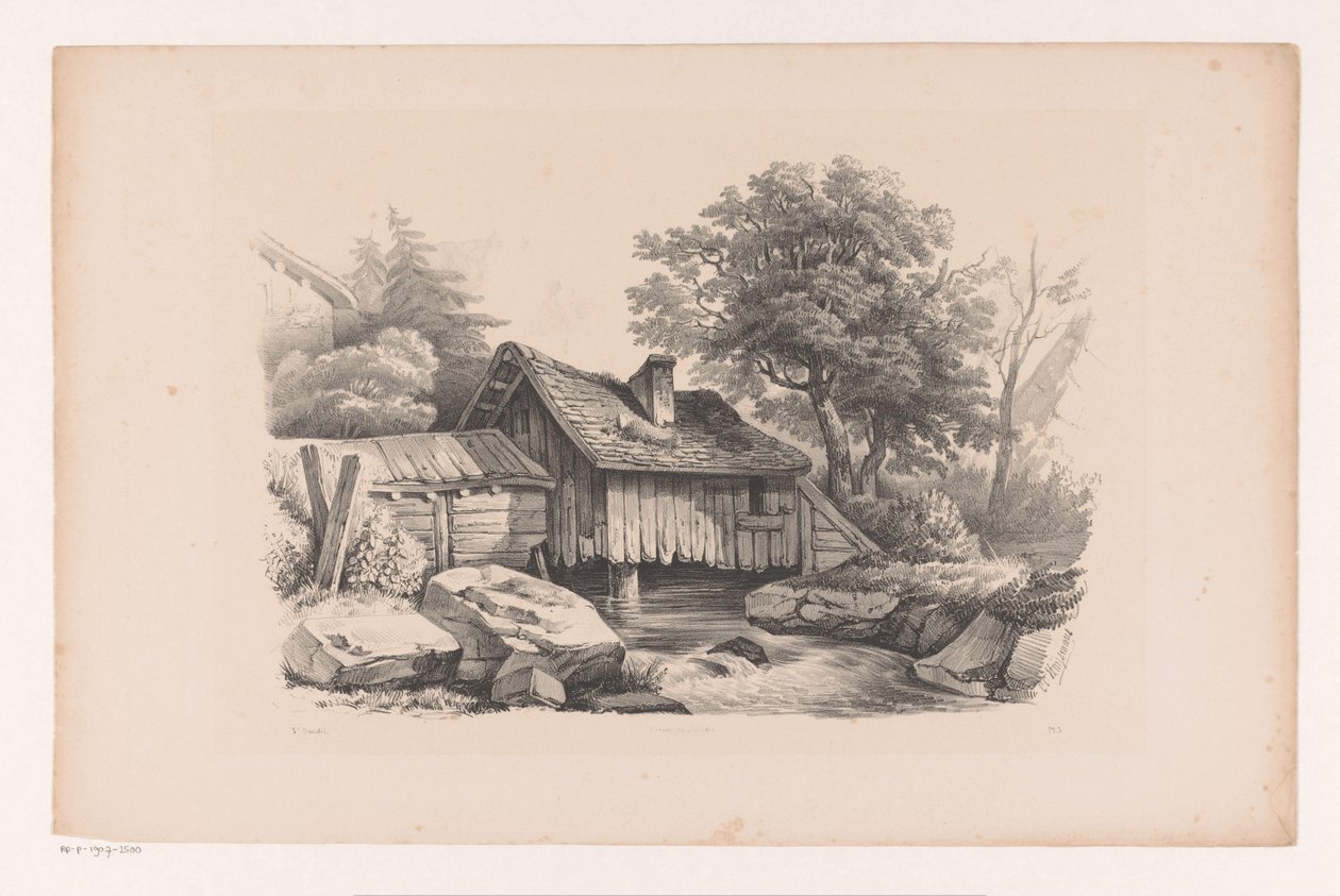 Træhus over floden The Landscape (serietitel) af Constantinus Cornelis Huysmans