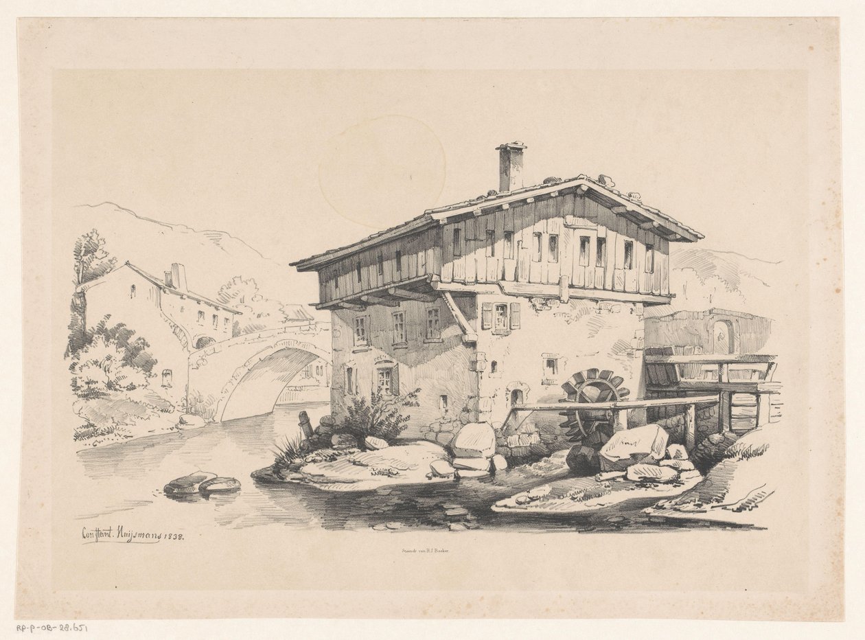 Hus og vandmølle i bjerglandsby The Landscape (serietitel) af Constantinus Cornelis Huysmans