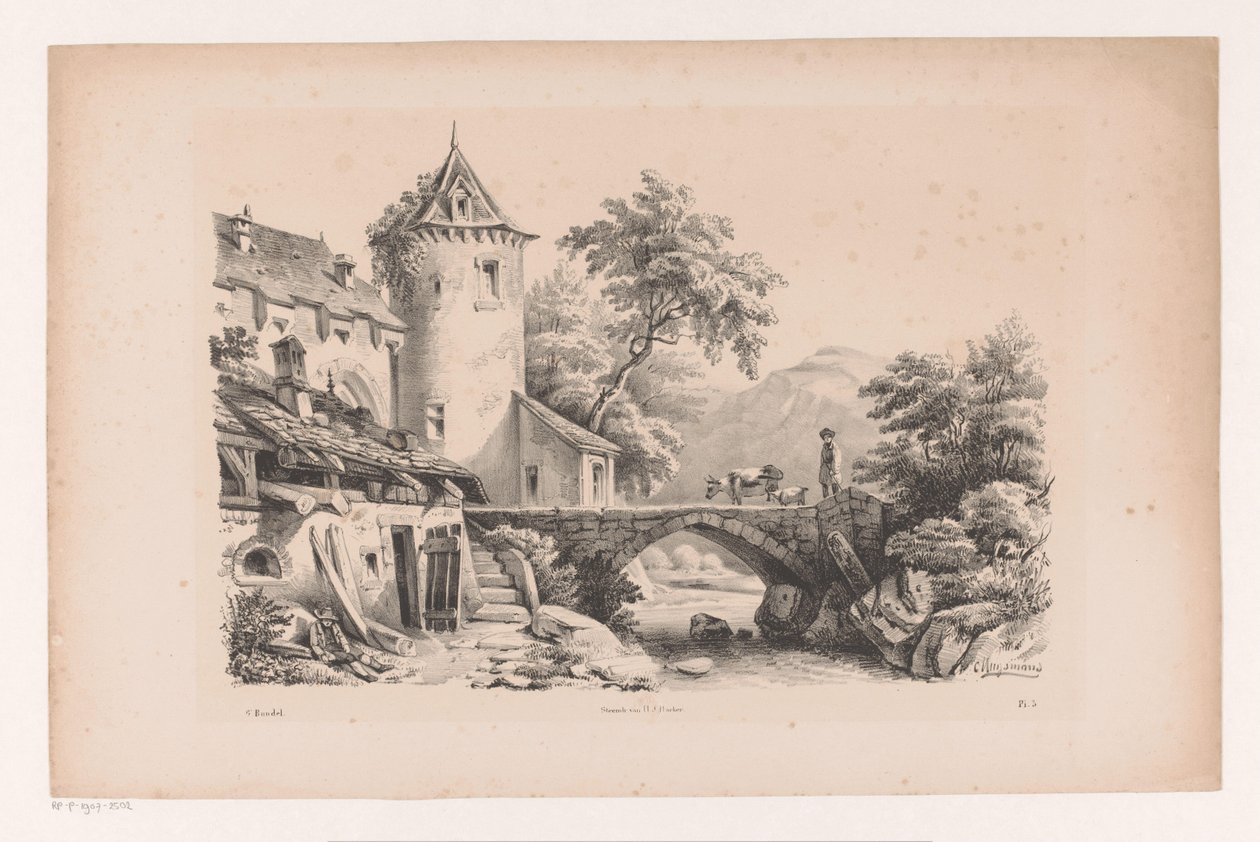 Huse og bro i bjerglandskab The Landscape (serietitel) af Constantinus Cornelis Huysmans