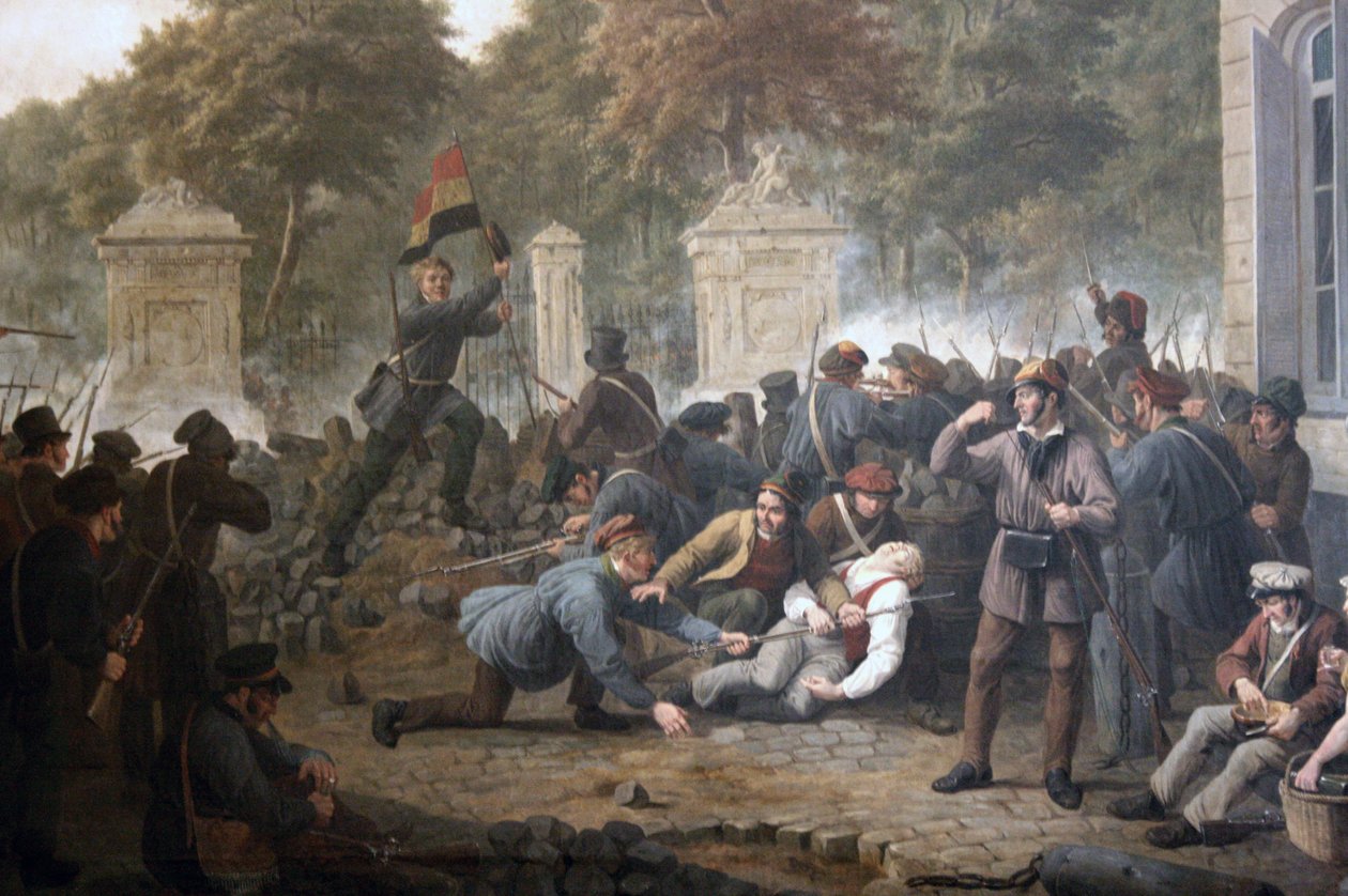Revolutionær barrikade mod parken i Bruxelles under kampene mellem belgiske oprørere og hollandske styrker i 1830 af Constantinus Fidelio Coene