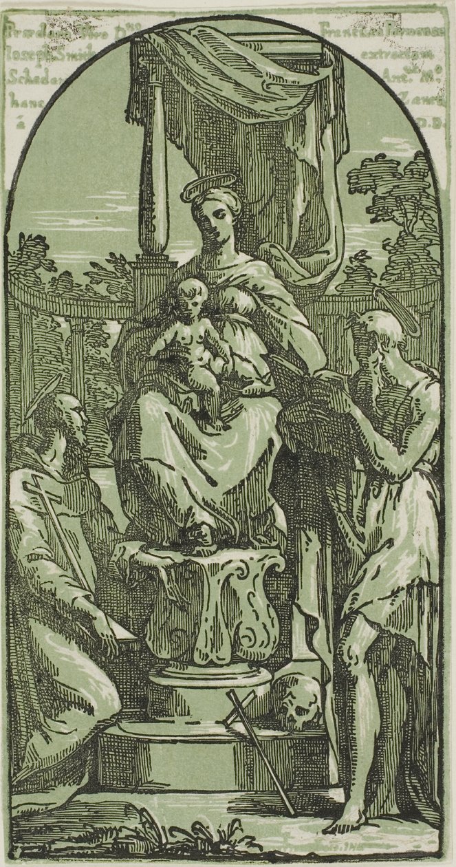 Madonna med barnet på tronen, Sankt Hieronymus og Sankt Frans af Conte Antonio Maria Zanetti the Elder
