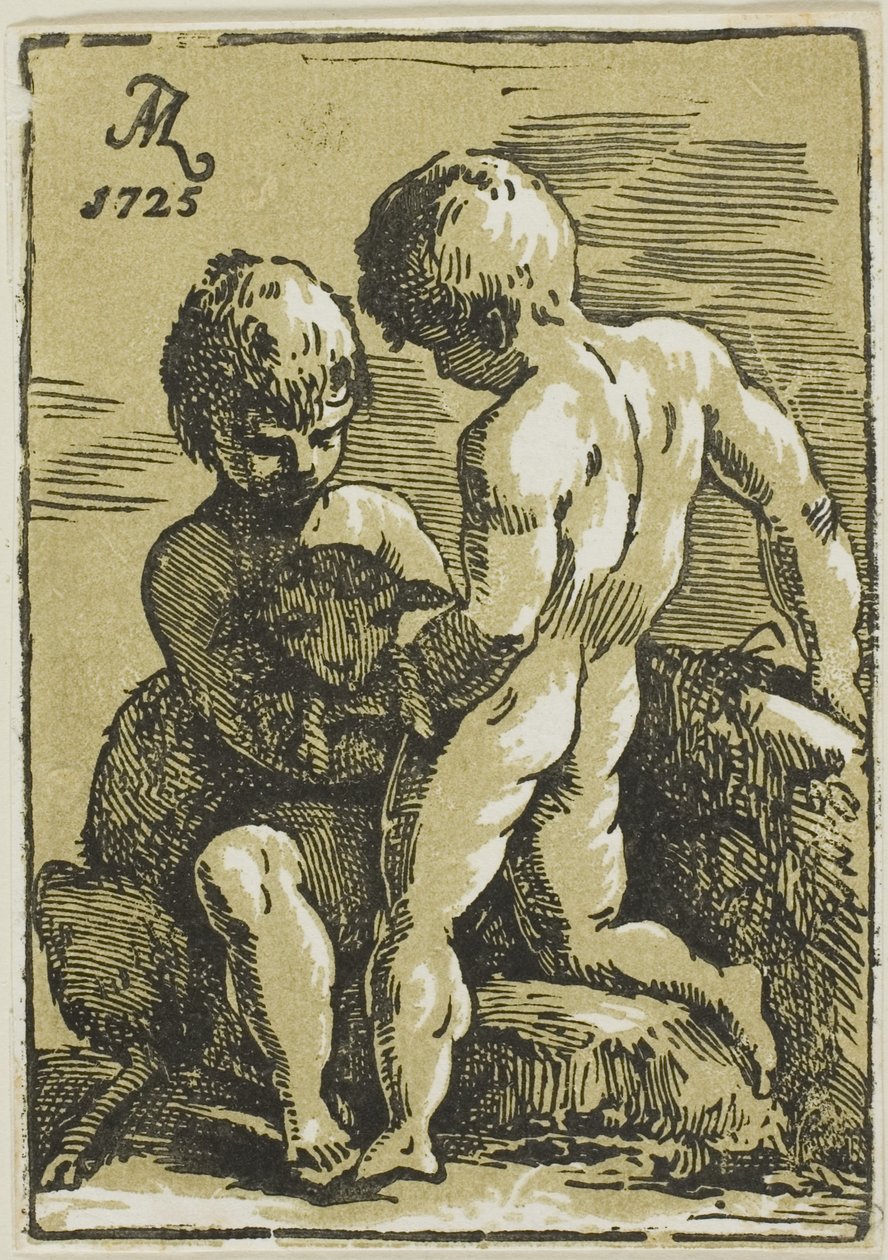 To børn klapper et lam af Conte Antonio Maria Zanetti the Elder