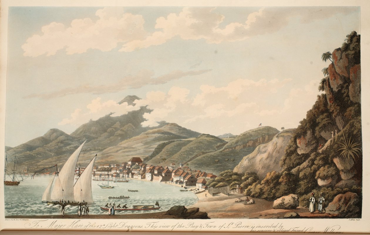 Udsigt over bugten og byen St. Pierre, Martinique, illustration fra 