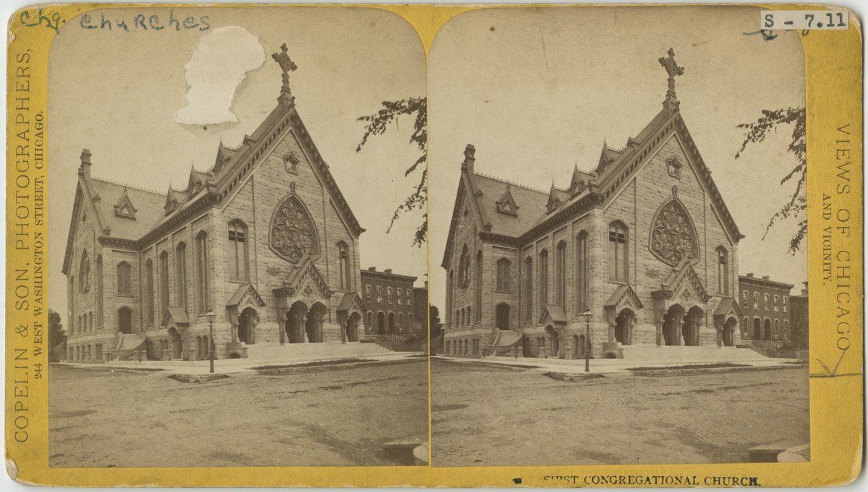 Stereograf af First Congregational Church, Chicago, ca. 1870 (bw-foto på kortholder) af Copelin and Hine Copelin and Hine