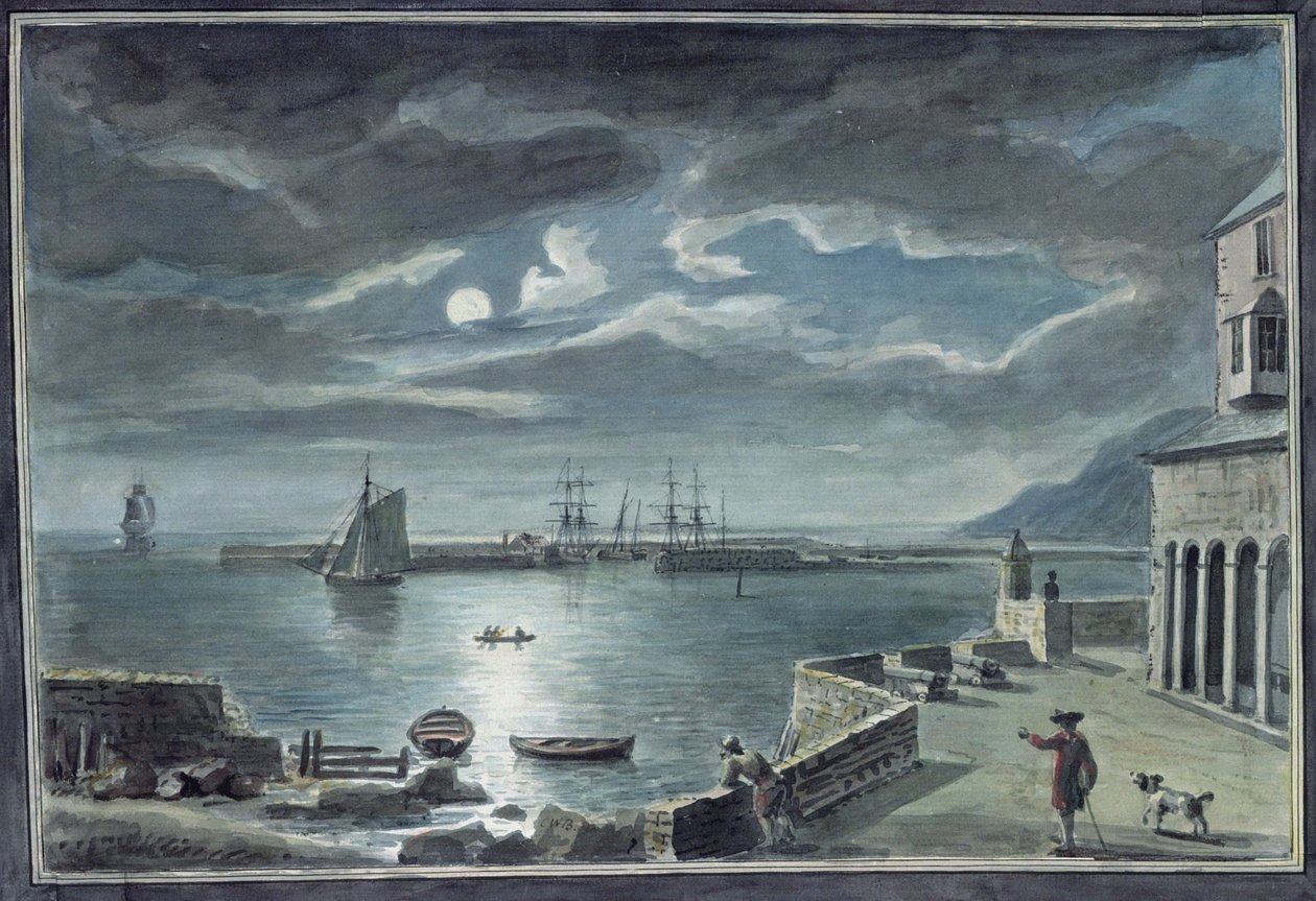 The Harbor and the Cobb, Lyme Regis, Dorset, af Moonlight af Copplestone Warre Bamfylde