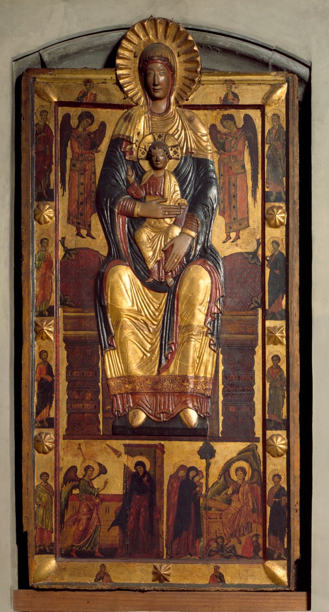 Jomfru på tronen med barnet, to engle, apostlene. Bebudelsen og de hellige kvinder ved graven. Lavrelief polykrom træ af Coppo di Marcovaldo (attr.to)